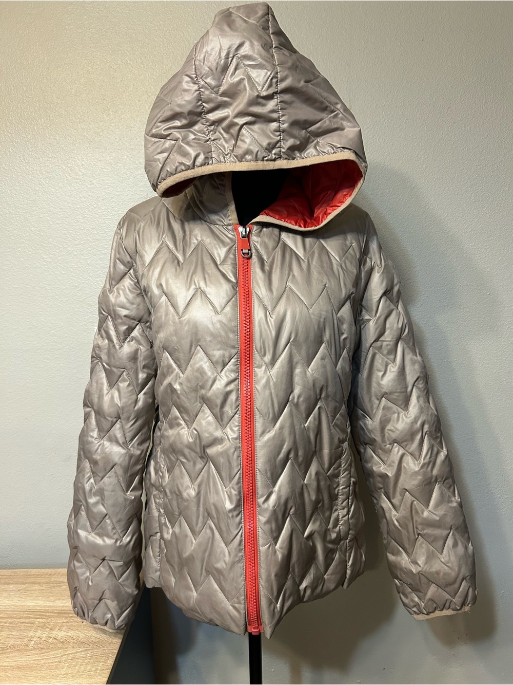 Kenneth Cole New York Womens L Metallic Quilted Hooded Puffer Jacket Taupe